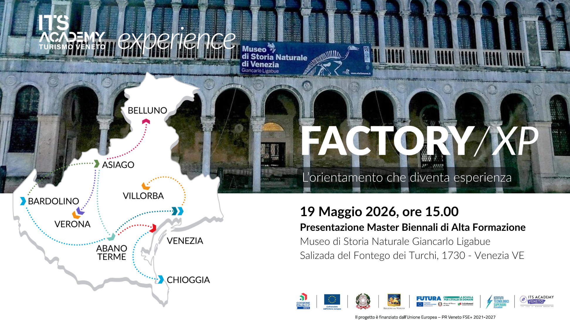 Grafica dell'evento IT'S Factory Experience del 19 maggio a Venezia; ITS Academy Turismo Veneto.