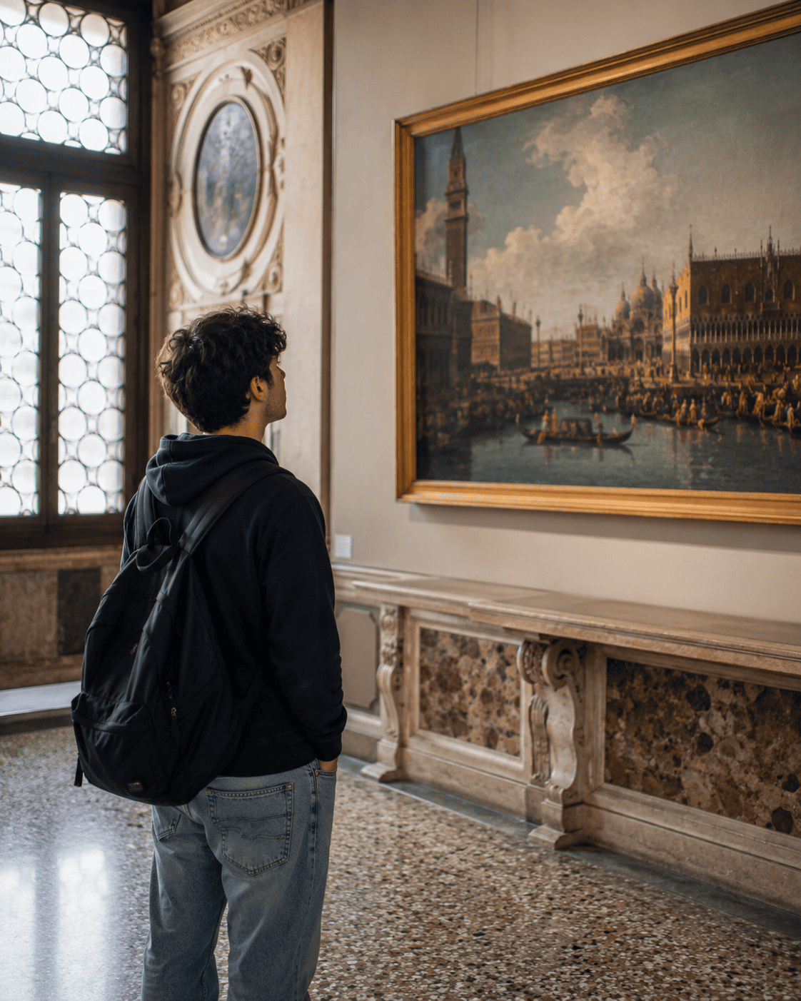 ragazzo di spalle che guarda un quadro