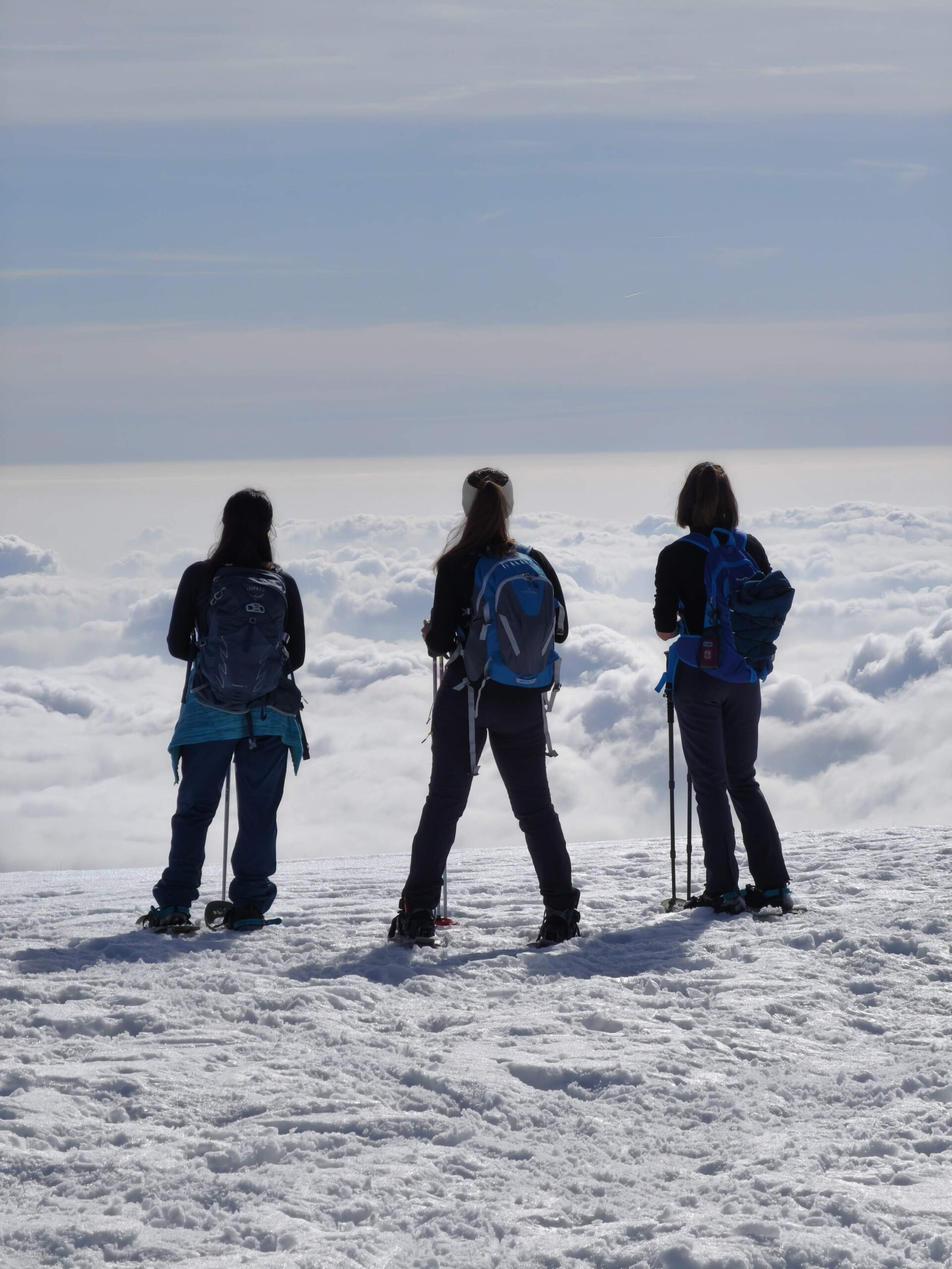 tre ragazze di schiena in montagna sulla neve